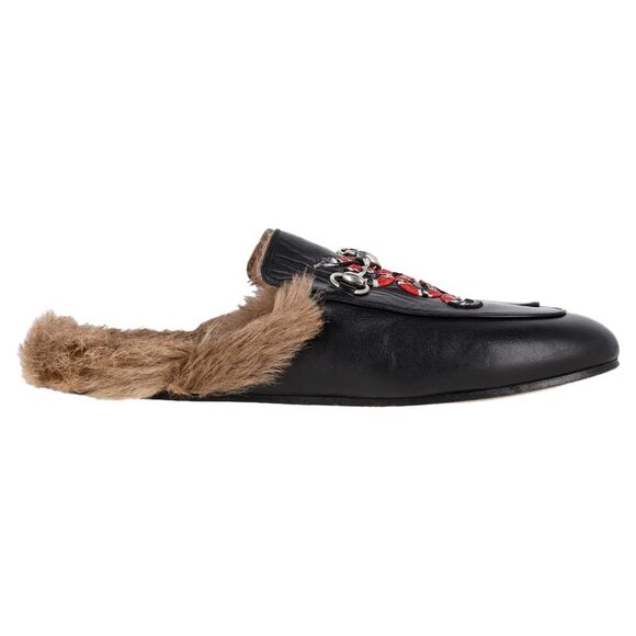 Gucci Princetown Kingsnake Fur-Lined Mules in Black Leather - Picture 1 of 6